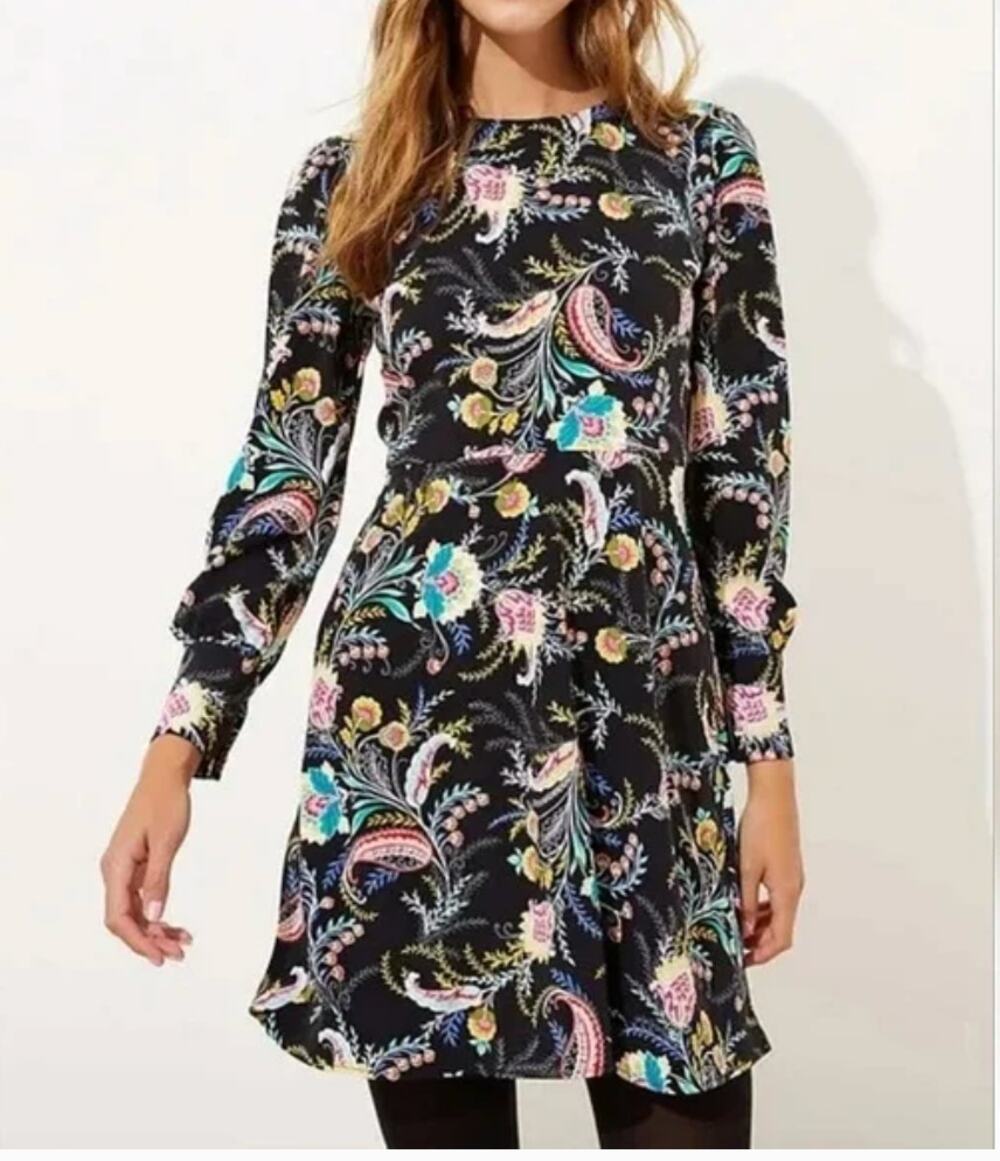 LOFT Black Long Sleeve Paisley Print Dress // 4 Petite